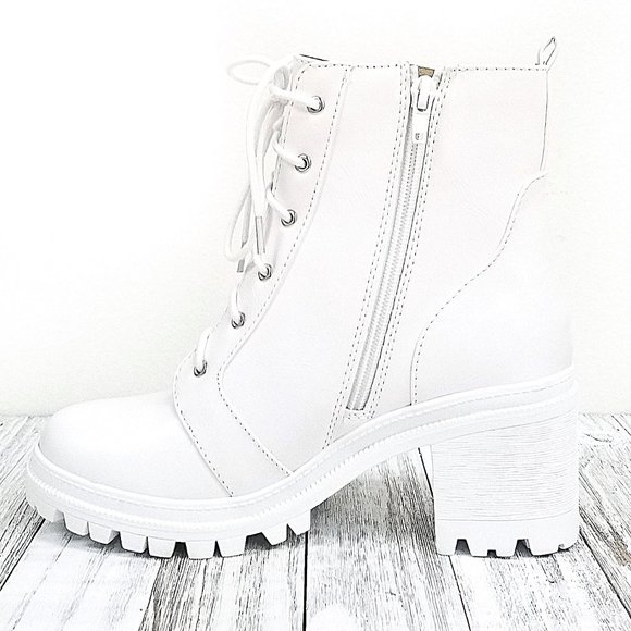 New White Combat Lace Up Lug Ankle Boots Booties - Picture 3 of 5